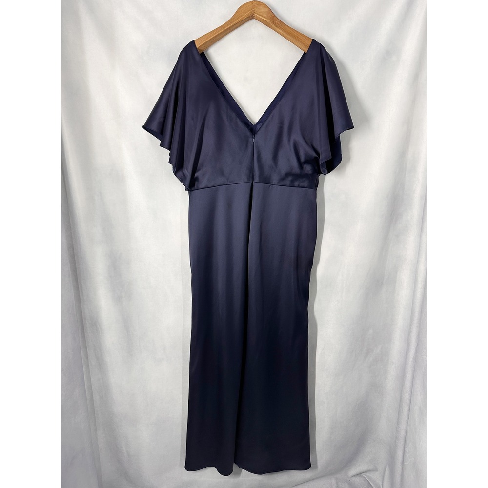 Revelry Gwen Navy Short Sleeve Navy Blue Satin Floor Length Gown Women's Size 22 - Picture 5 of 12